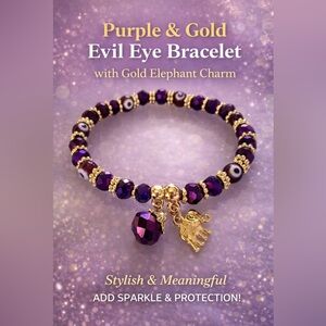 Purple Beaded Evil Eye Bracelet with Gold Elephant Charm